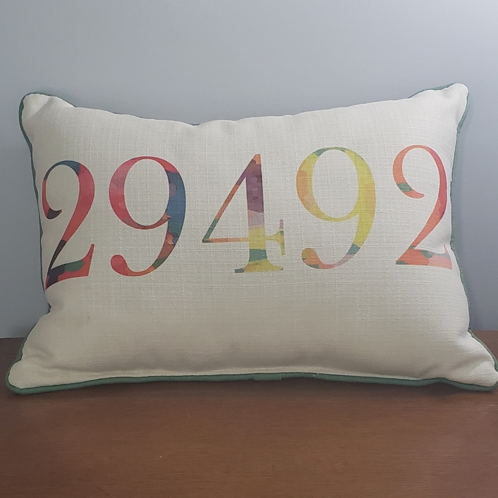 MULTICOLORED ZIP CODE PILLOW Zip code 29492 Daniel Island, SC